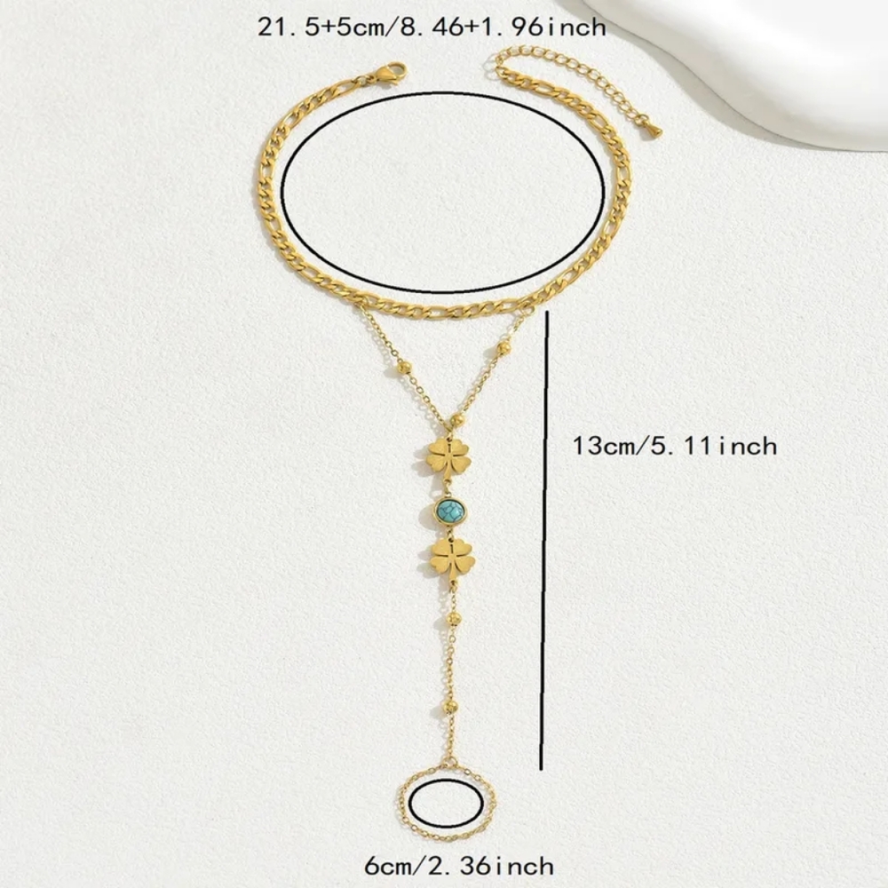 ​Y2K Gold Double Layer Foot Anklet Turquoise Clover Barefoot Chain Sandal - Picture 12 of 12